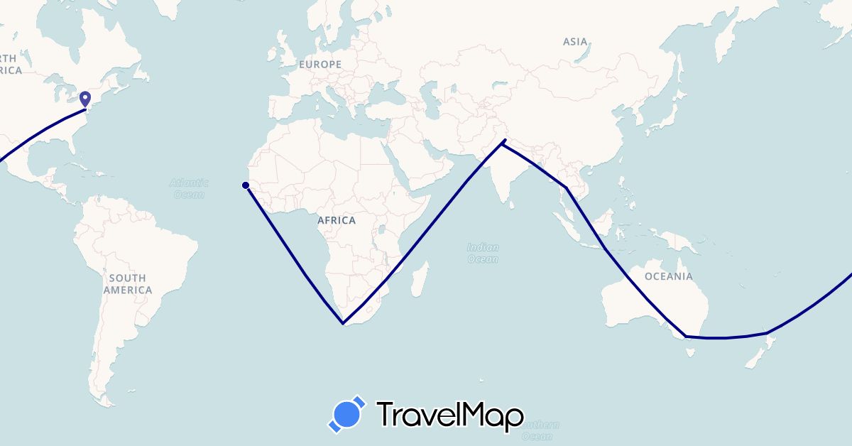 TravelMap itinerary: driving in Australia, Indonesia, India, New Zealand, Senegal, Thailand, United States, South Africa (Africa, Asia, North America, Oceania)